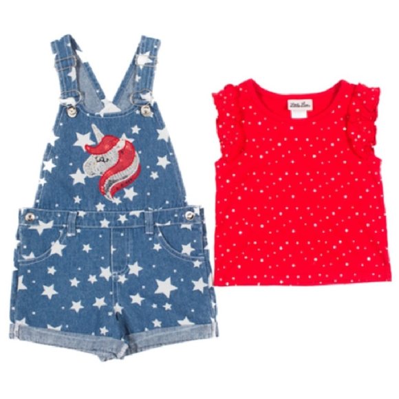 Baby Girls 2pc Disco Dot Top & Denim Shortalls Size 24 mo Stars Unicorn NWT - Picture 1 of 1